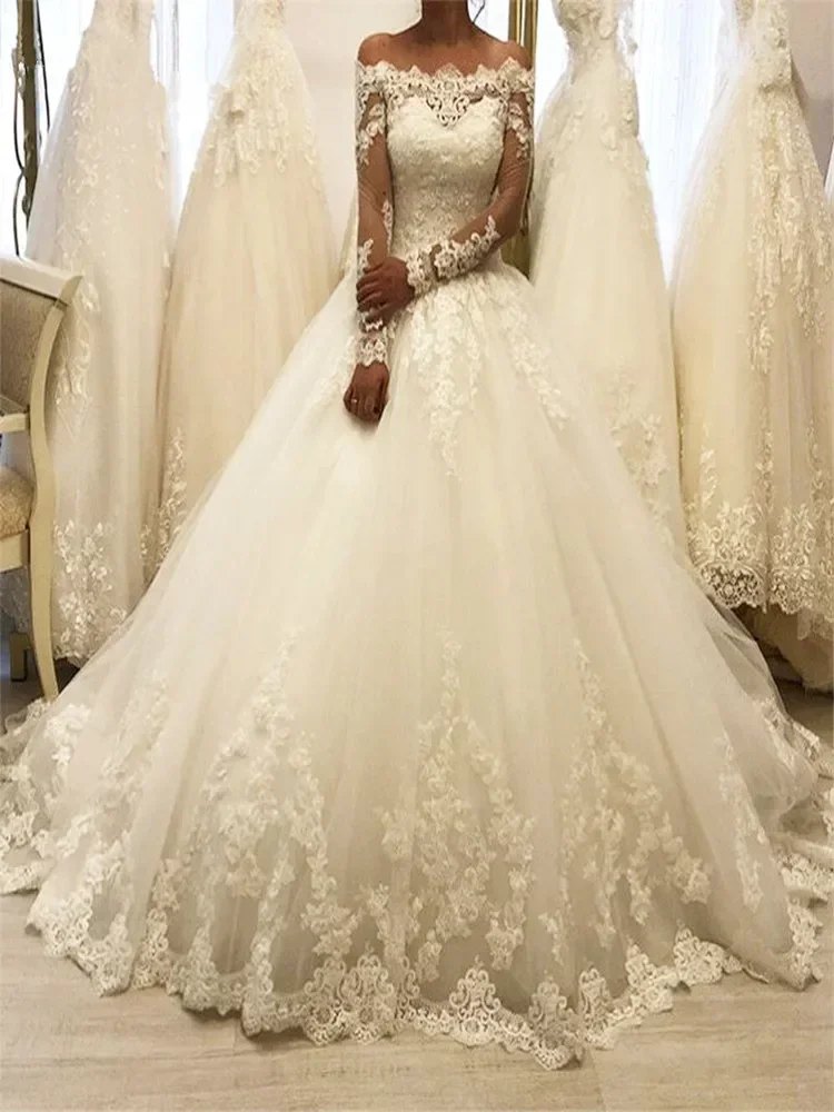 فساتين زفاف مخصصة بأكمام طويلة قبالة الكتف فساتين زفاف Vestido Noiva Casamento مزينة بالدانتيل مشد Ballgown زي العرائس