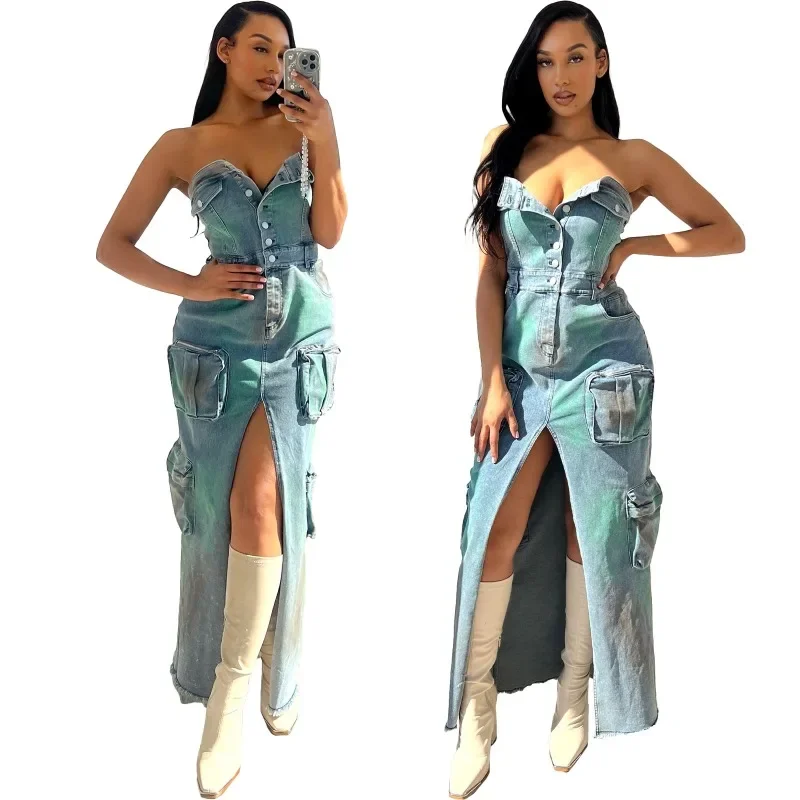 

Women Fashion Sexy Denim Strapless Cargo Dress Multi Pockets Tie Dye Print Sleeveless Backless Split Maxi Casual Jeans Dresses