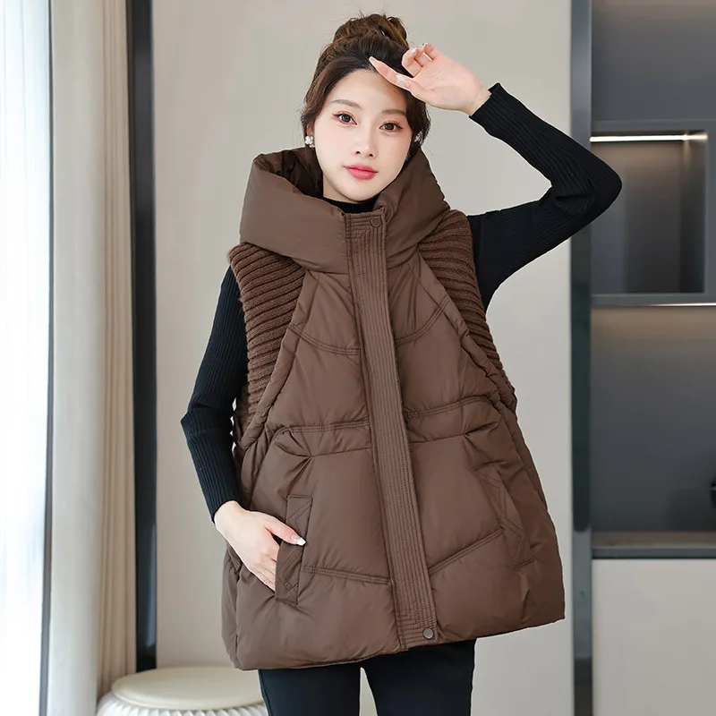 Women's Hooded Puffer Vest with Ribbed Knit Side Panels, Zip Front, Snap Closure and Pockets, Longline Sleeveless Winter Gilet