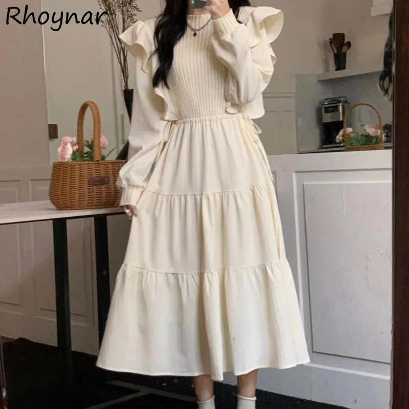 

Flounced Edge Women Dresses Lantern Sleeve Korean Style Leisure Fashion Soft Elegant Vintage Chic Loose All-match Solid Simple