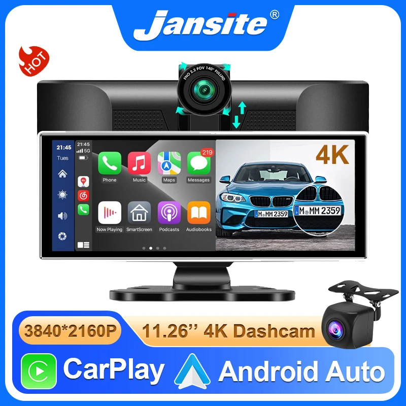 Jansite 11,26-calowy bezprzewodowy CarPlay i Android Auto 4K Kamera samochodowa DVR Bluetooth Audio AUX GPS Nawigacja Deska rozdzielcza Rejestrator wideo