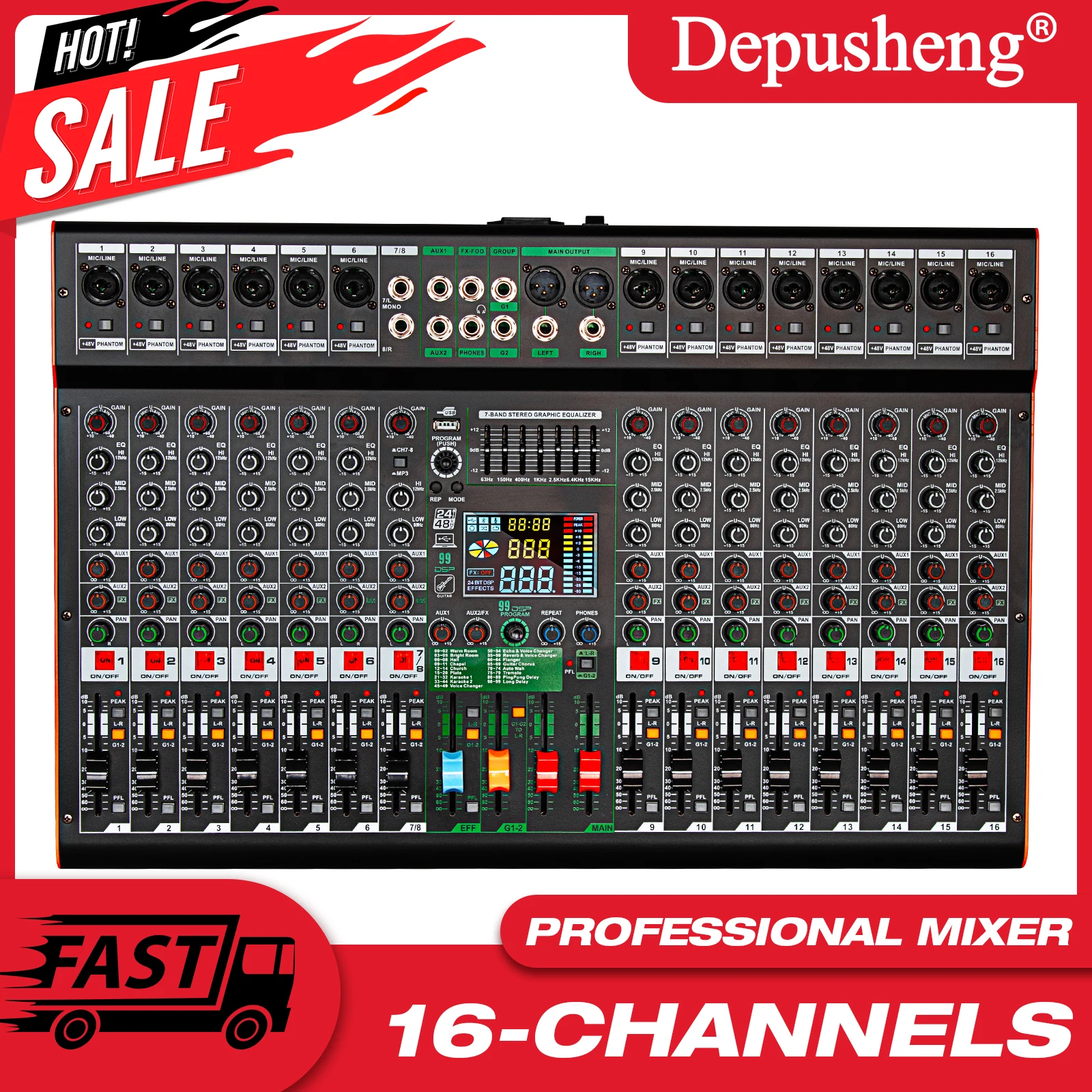 TC16 16channel DJ Mixer Professional Audio Mixer Depusheng 99bit DSP reverb chip Bluetooth USB MP3