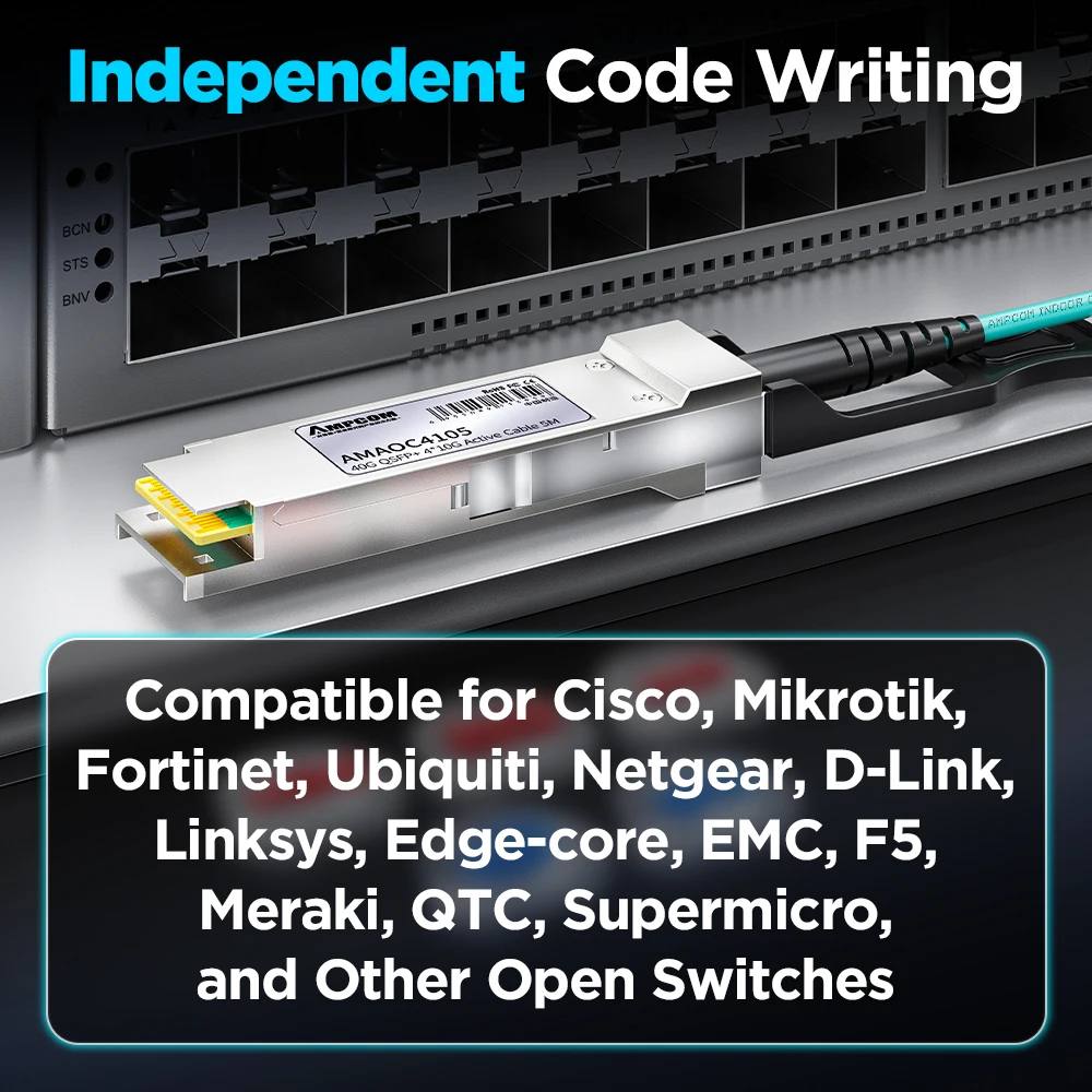 AMPCOM 40G QSFP+ to 4 x 10G SFP+ Active Breakout Cable, AOC assembly 40G to 4x 10G for Cisco, Mikrotik, Fortinet, Ubiquiti etc