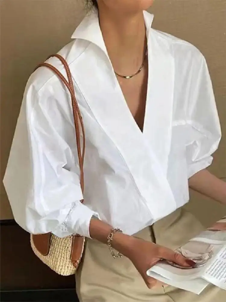 

Freeacy Female White Cotton Shirt Top Lapel V-neck Puff Sleeves Loose Fit T-shirt Urban Women's 2024 New Commuter Shirts