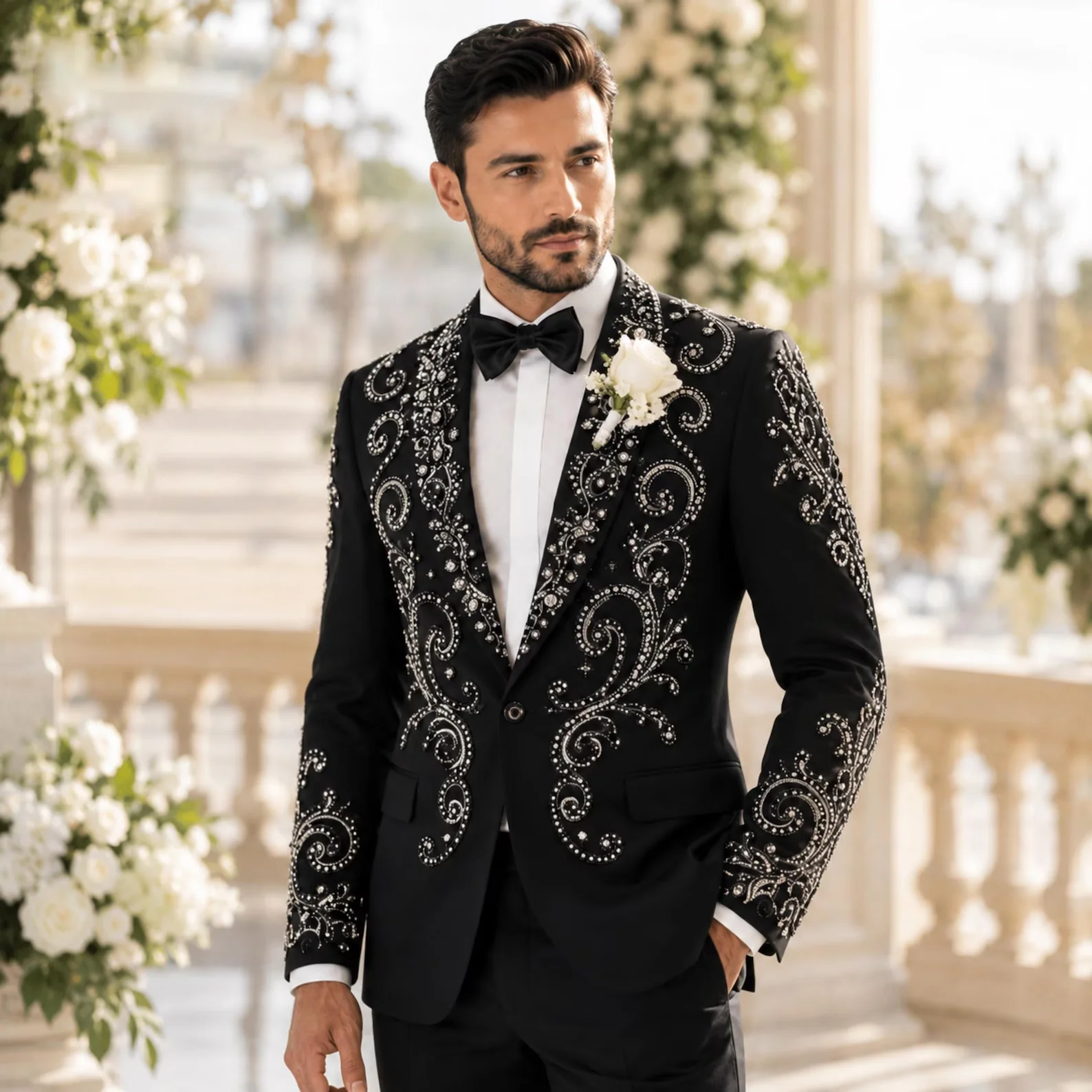 Customized Slim Fit Men's Tuxedo 2 Piece Set with Jewelry Decoration One Button Fashion for Wedding Groom Prom