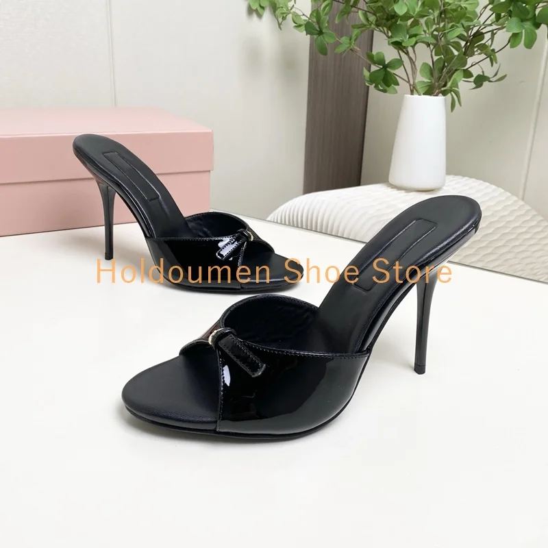 

Women's Patent Leather Peep Toe Stiletto Slippers Belt Buckle One-Strap Fashion Design Slippers Sexy Slingback Slip On Slippers