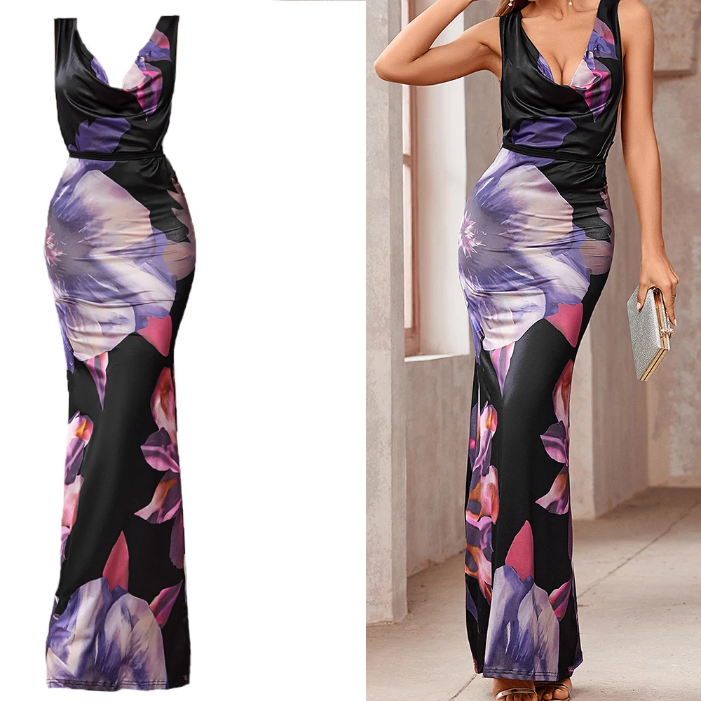 Women's Printed Backless Maxi Italian Noodle Shoulder Strap Bodycon Club Street Clothing 2024 Summer Sexy Y2K Evening Wholesale