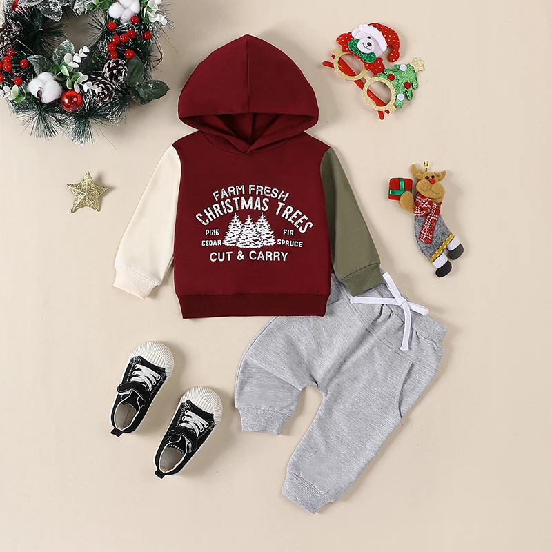 2023-10-13 Lioraitiin 0-3Y Kid Baby Boys Christmas Outfits Long Sleeve Pine Tree Print Hoodie + Pants Set Newborn Warm Clothes