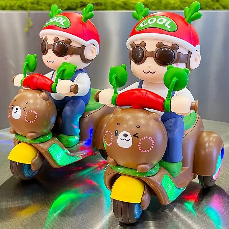 Cartoon Bear Electric Motorcycle Model Stunt 360 ° Rotating Children Toys Household Ornament Motorbike Toys for Motorcycle Fans