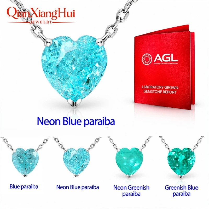 10mm heart shape lab grown YAG neon Paraiba blue and green S925 Silver  Pendant Jewelry gift necklace