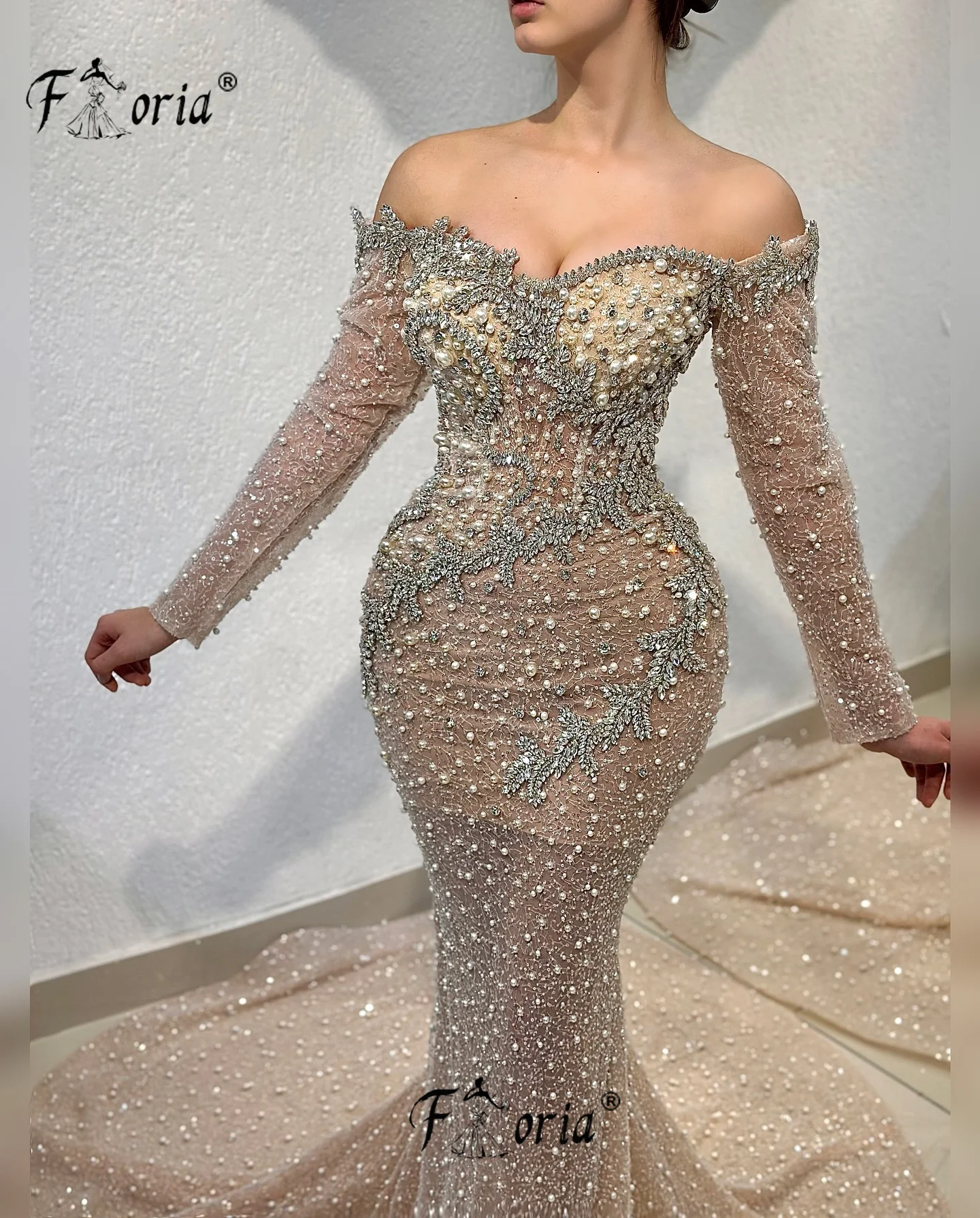 Vestido de noche de lujo con perlas de cristal, traje de sirena con hombros descubiertos para fiesta de boda, vestidos formales para ocasiones, graduación, costura, Dubái, 2023