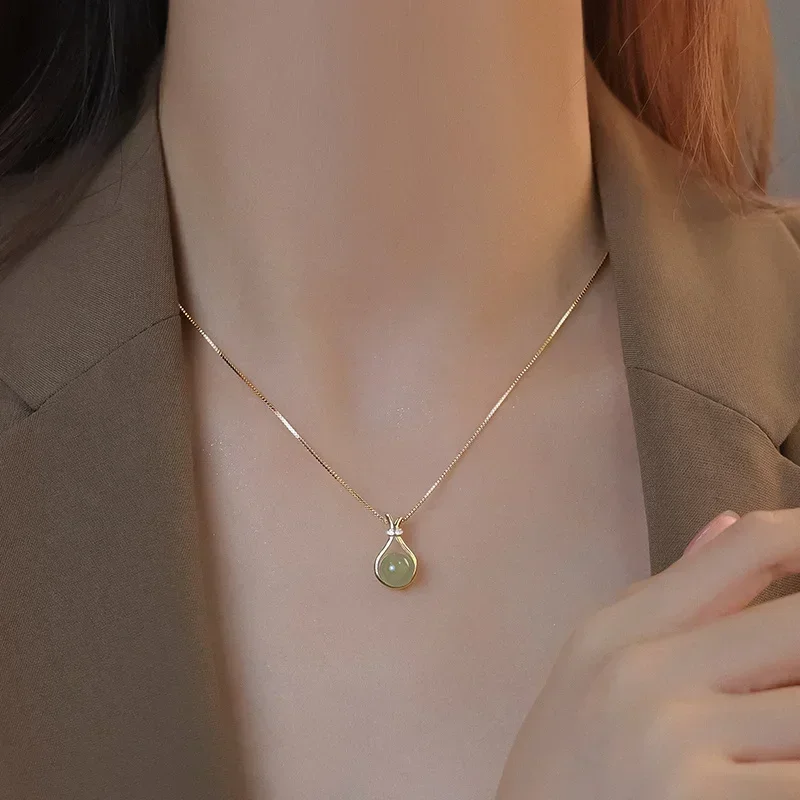 Fashion Light Green Jade Pendant Necklaces Stainless Steel for Women Trendy Retro Style Female Clavicle Chain Jewelry