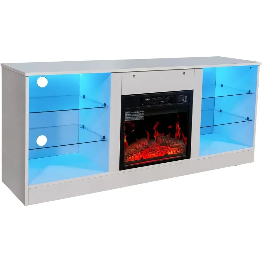 Mueble TV con chimenea con luces LED, consola TV moderna con chimenea eléctrica en salón dormitorio, para televisores de hasta 65".