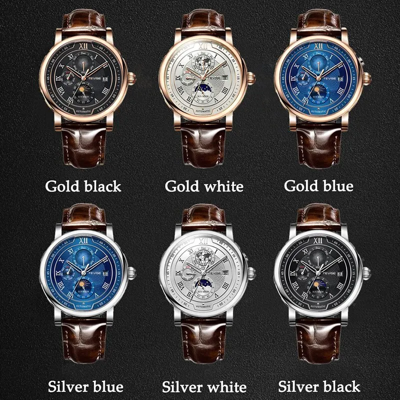 2023 Business Waterproof Mechanical Watches Men Top Brand Luxury Leather Watch For Men Moon Phase Automatic Wristwatch