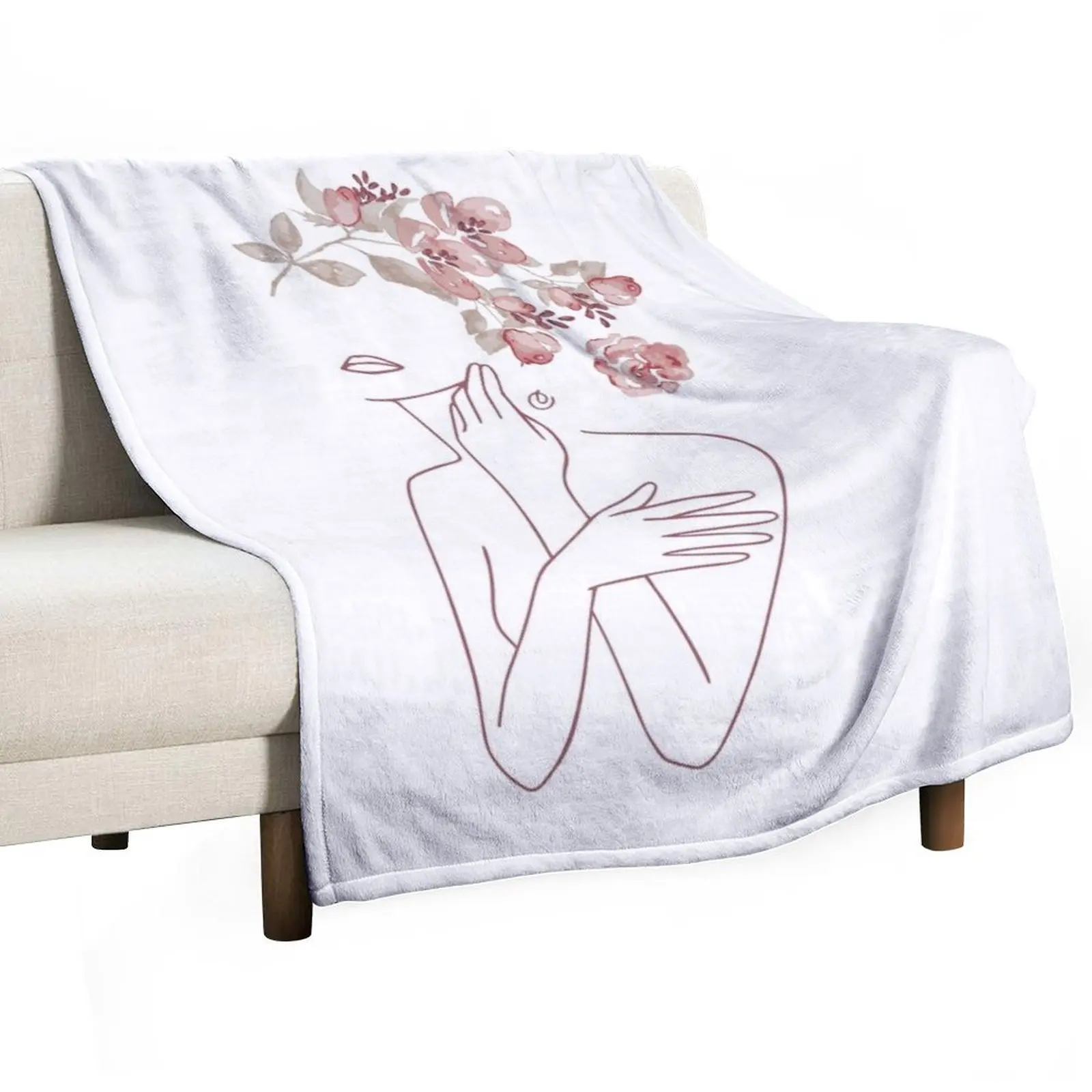 Minimal Line Art Drawing Woman With Roses Flowers III Throw Blanket Tourist Single Blankets