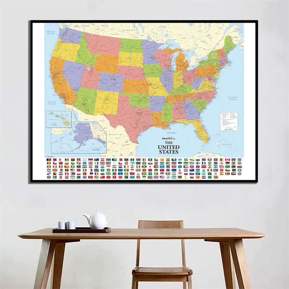 225 * 150 cm Mappa degli Stati Uniti Mappa americana dettagliata Immagine decorativa da appendere Materiale scolastico per pittura su tela non tessuta