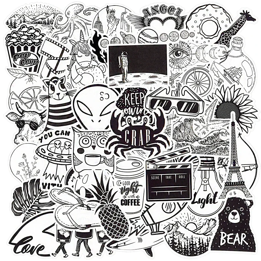 50 PCS Black and White Style Vsco Stickers Anime Cute Graffiti Funny Stickers for Kids Girl Waterproof Decal DIY Laptop Suitcase