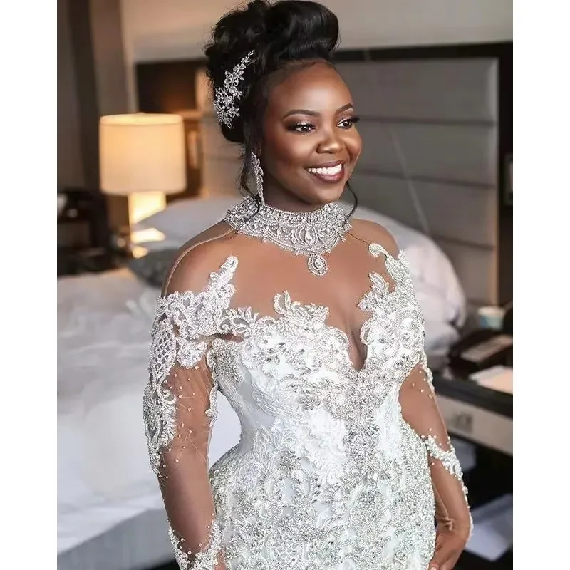 تخصيص بلورات حورية البحر فساتين الزفاف طويلة الأكمام الوهم الدانتيل زين الترتر الرقبة العالية مخصص زائد حجم الزفاف