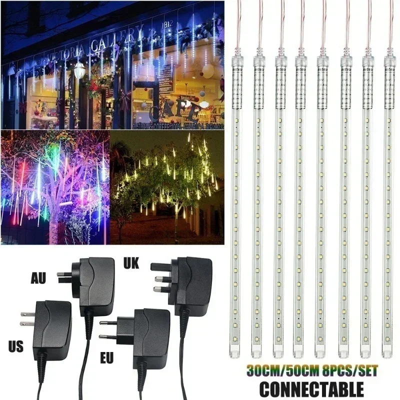 30cm /50cm EU/US/AU/UK Plug impermeabile Meteor Shower Rain 8 Tube LED String Lights per le vacanze all\'aperto albero di decorazione natalizia