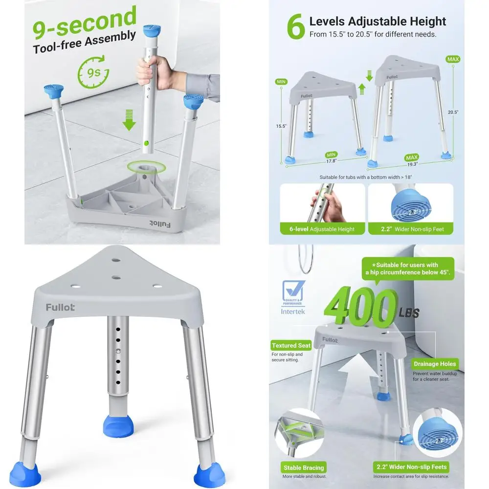 

Adjustable Triangular Shower Seat for Elderly & Disabled, 400 lbs Capacity, Non-Slip, Easy Assembly