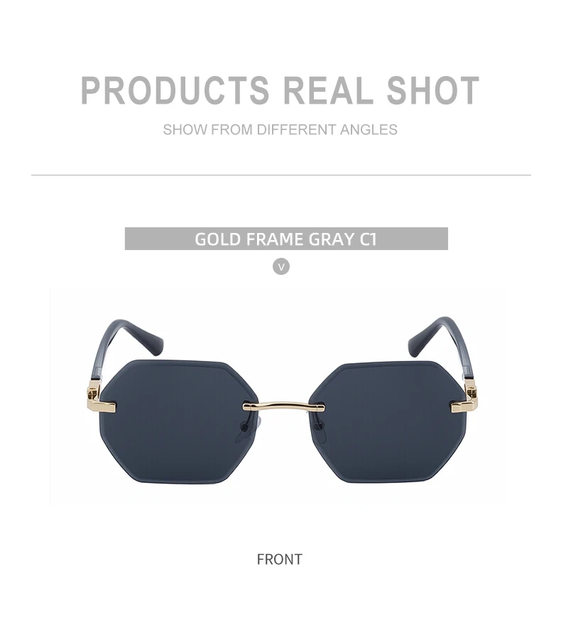 Modische randlose quadratische Sonnenbrille für Damen 2026 – Luxusmarke, sechseckiger Metallrahmen, trendige Outdoor-Sonnenbrille für Frauen – Detail 15