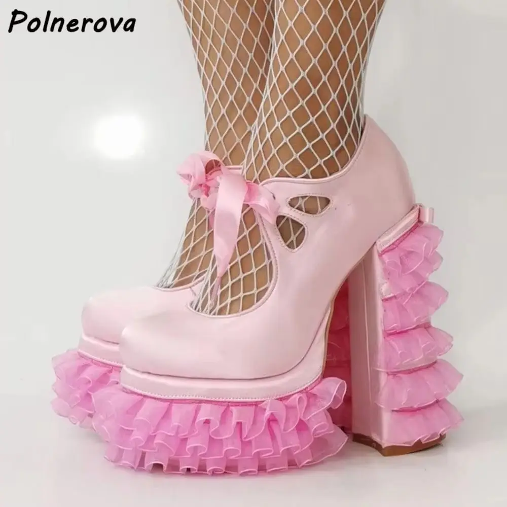 

Pink Pleated Lace Cake Pumps Platform Chunky Heels Shallow Hollow Stain Lace Up Shoes Women's Sweet Lovely Lolita Solid Shoes