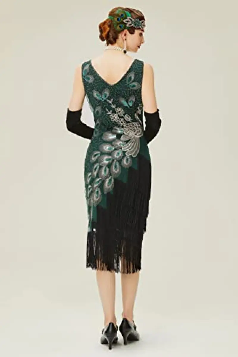 1920s Vintage Peacock Sequined Dress Gatsby Fringed Flapper Dress Roaring 20s Party Dress