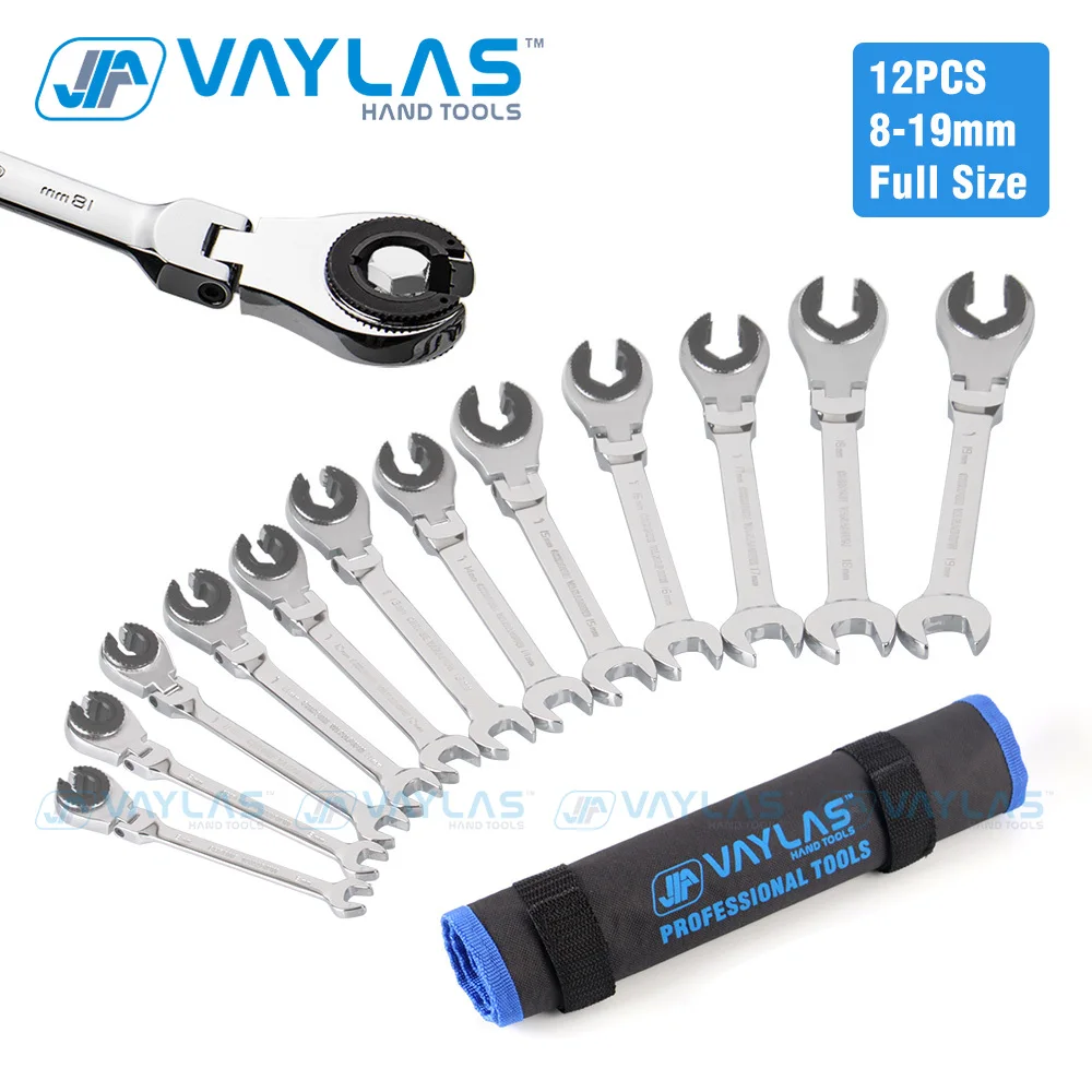 

8-19mm Flare Nut Ratcheting Wrench Set with Open Flex-head Metric Tubing Ratchet Spanner 12-Piece Oil Pipe Wrench Key CR-V Steel