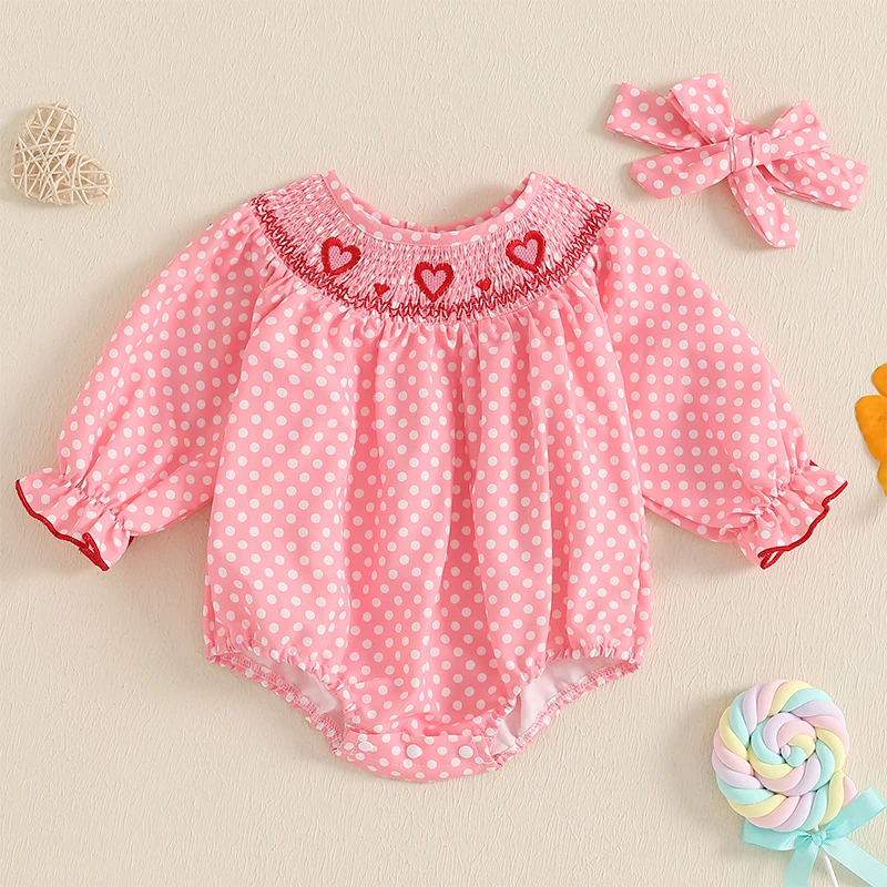 Toddler Girl Valentine s Day Romper Heart Embroidered Dot Long Sleeve Smocked Round Neck Ruffled Fall Jumpsuits Headband