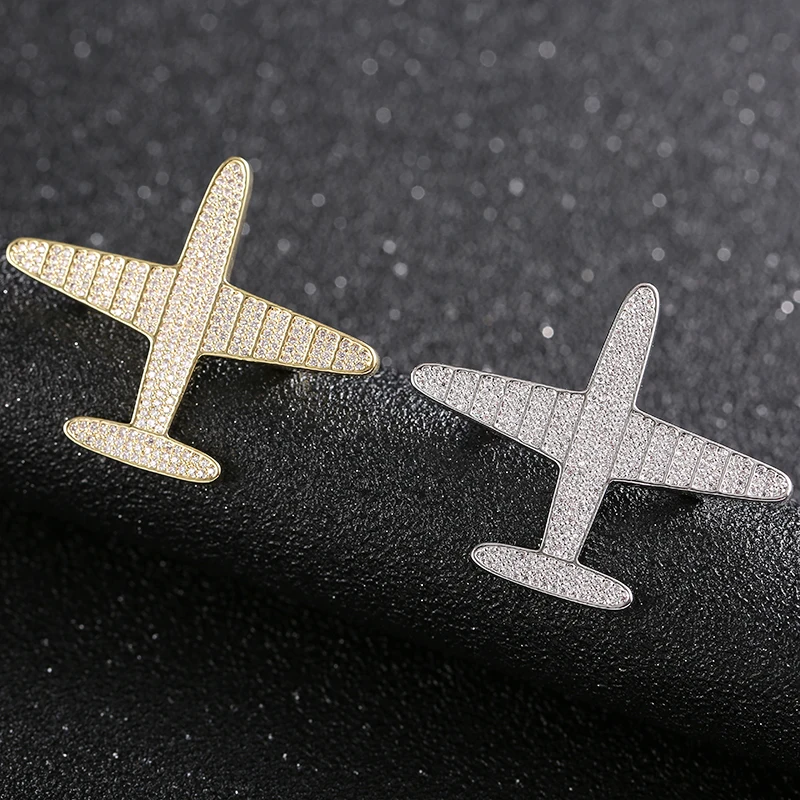 

Luxury Full Zircon Paved Plane Copper Lapel Pins Dazzling Space Aircraft Shaped Brass Brooches