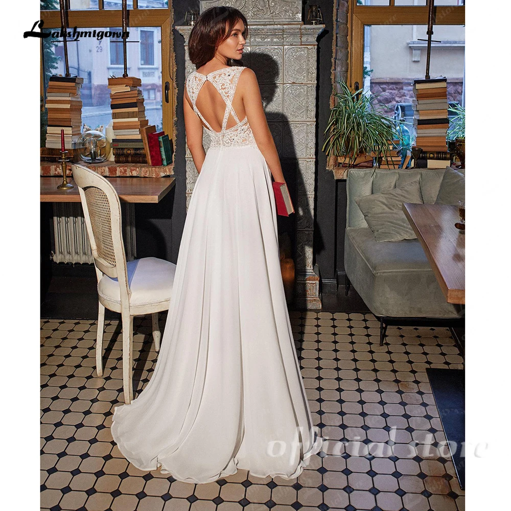 Lakshmigown Boho V-Ausschnitt Spitzen-Chiffon Hochzeitskleid für Frauen A-Linie Schleppe Brautkleid Vestidos De Novia Maßanfertigung – Detail 6