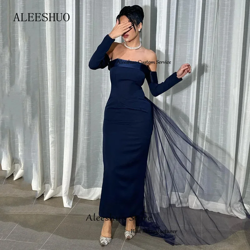 Aleeshuo gaun Prom Satin putri duyung Vintage gaun pesta malam tanpa tali seksi Backless Tulle Off The Shoulder gaun Prom