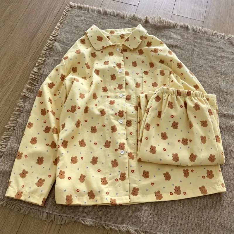 Women Spring Autumn Pajamas Cute Bear Heart Star Print Turn‑Down Lapel Collar Long Sleeve Soft Home Loungewear 2‑Piece Homewear