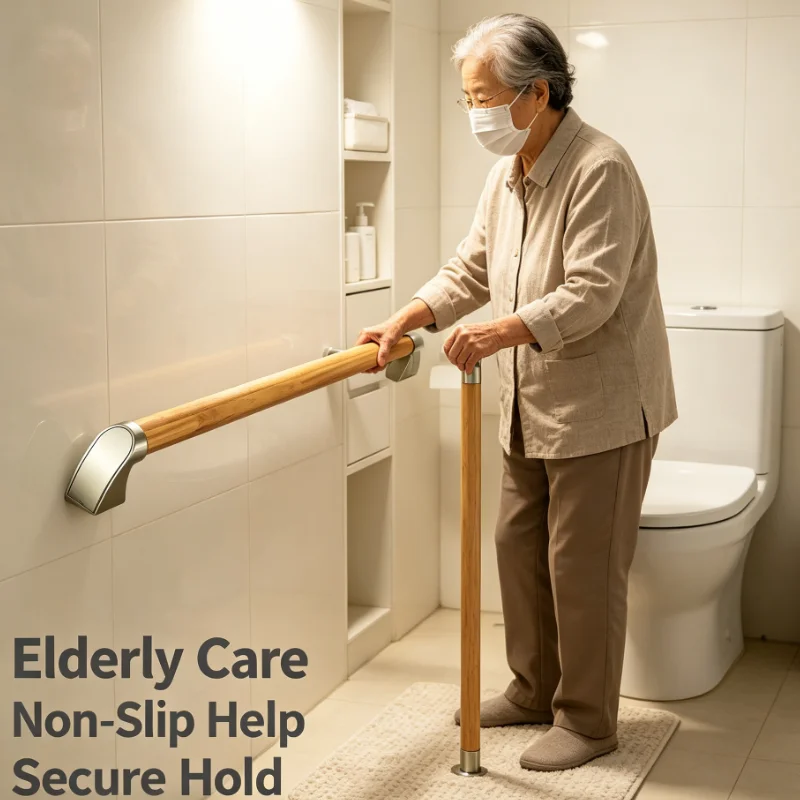 Wooden Bathroom Safety Grab Bar Wall Mounted Non Slip Assist Handle For Shower Bathtub Toilet Stability Support