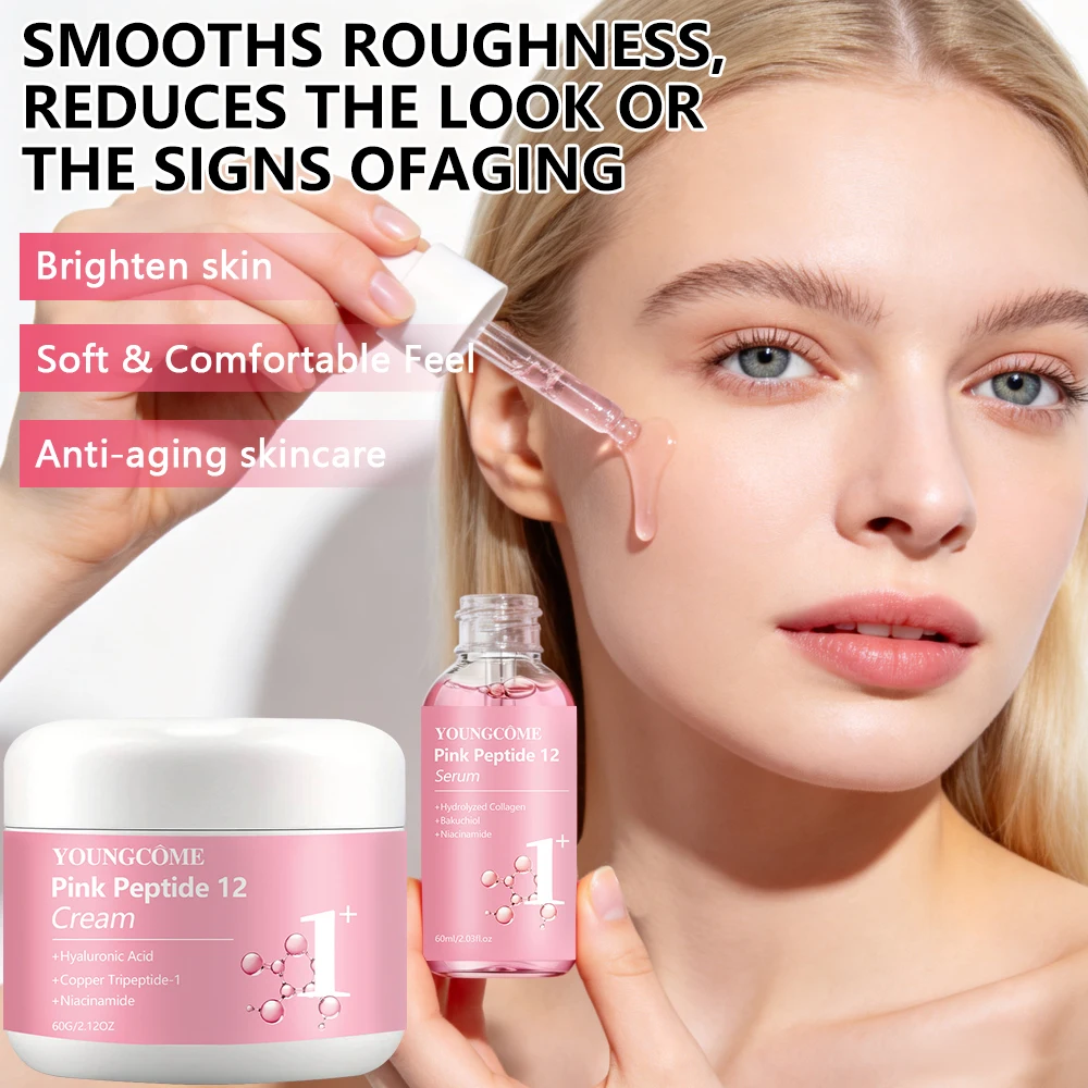 Face Cream Serum Set YOUNGCOME Pink Peptide 12 Hyaluronic Acid Bakuchiol Niacinamide Hydrolyzed Collagen Hydrating Skin Care Set