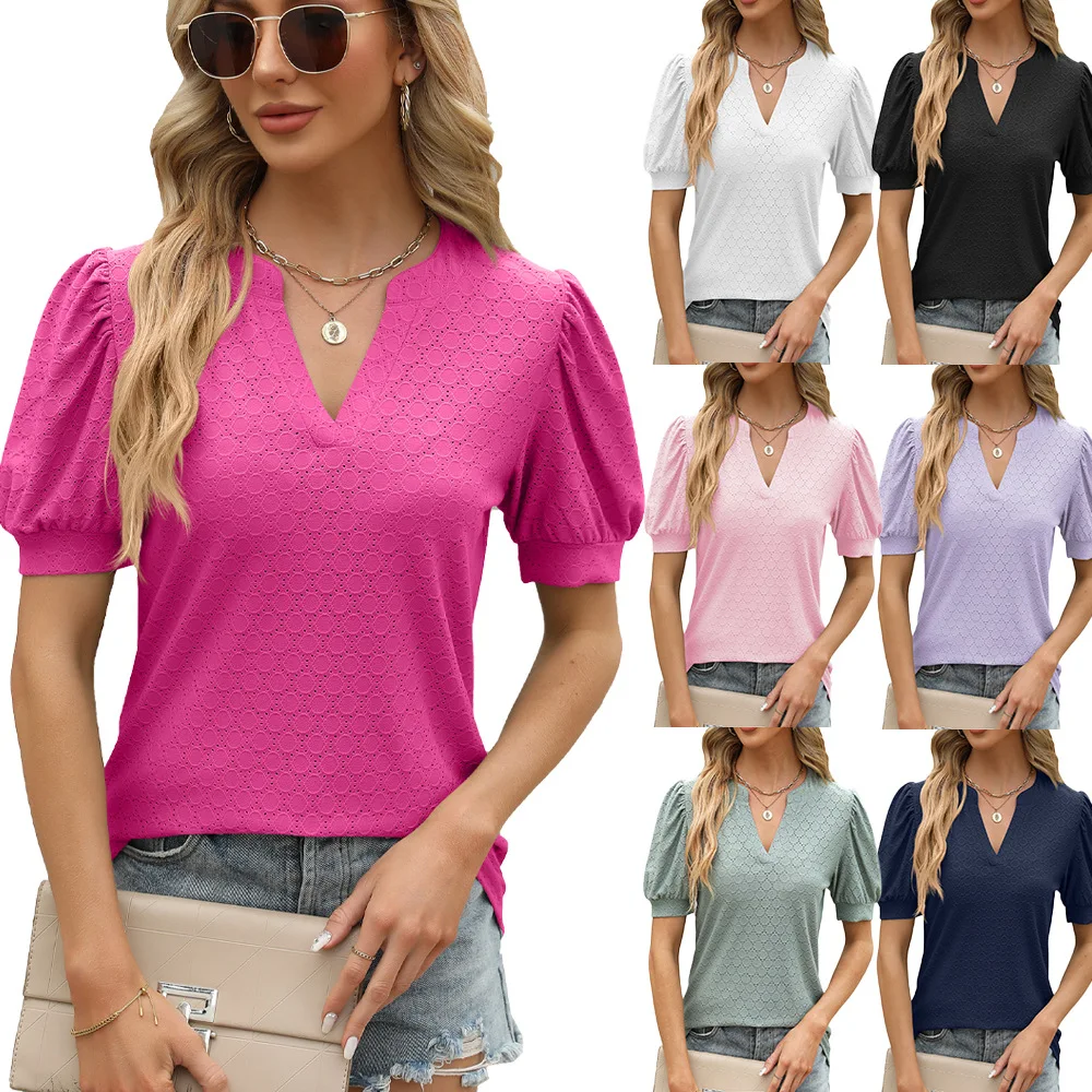 

2025 Summer Womens Tops V Neck Ruffle Sleeve Blouses Solid Color Short Sleeve Casual Tops T-Shirts For Women Tees Women T-shirt