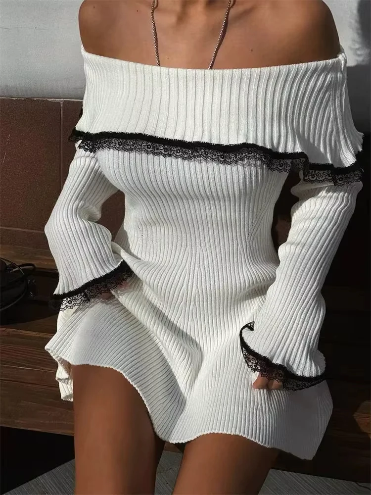 

Knit Off-Shoulder Sweater Mini Dress Women's Lace Patchwork Ribbed Slim Backless Elegant Party Dress Knitwear Mini Dress