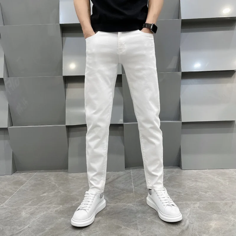 White jeans men's summer thin light luxury fashionable all-match stretch slim fit skinny tight pants men's solid color pants