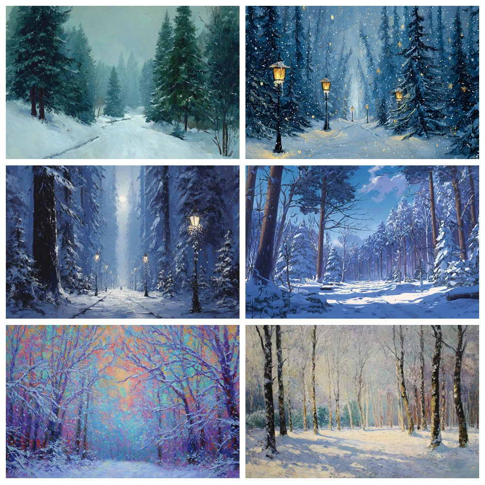 MOON.QG Oil Painting Style Winter Forest Paths Photography Background Path Vintage Street Lamps Backdrop Accessories Shooting