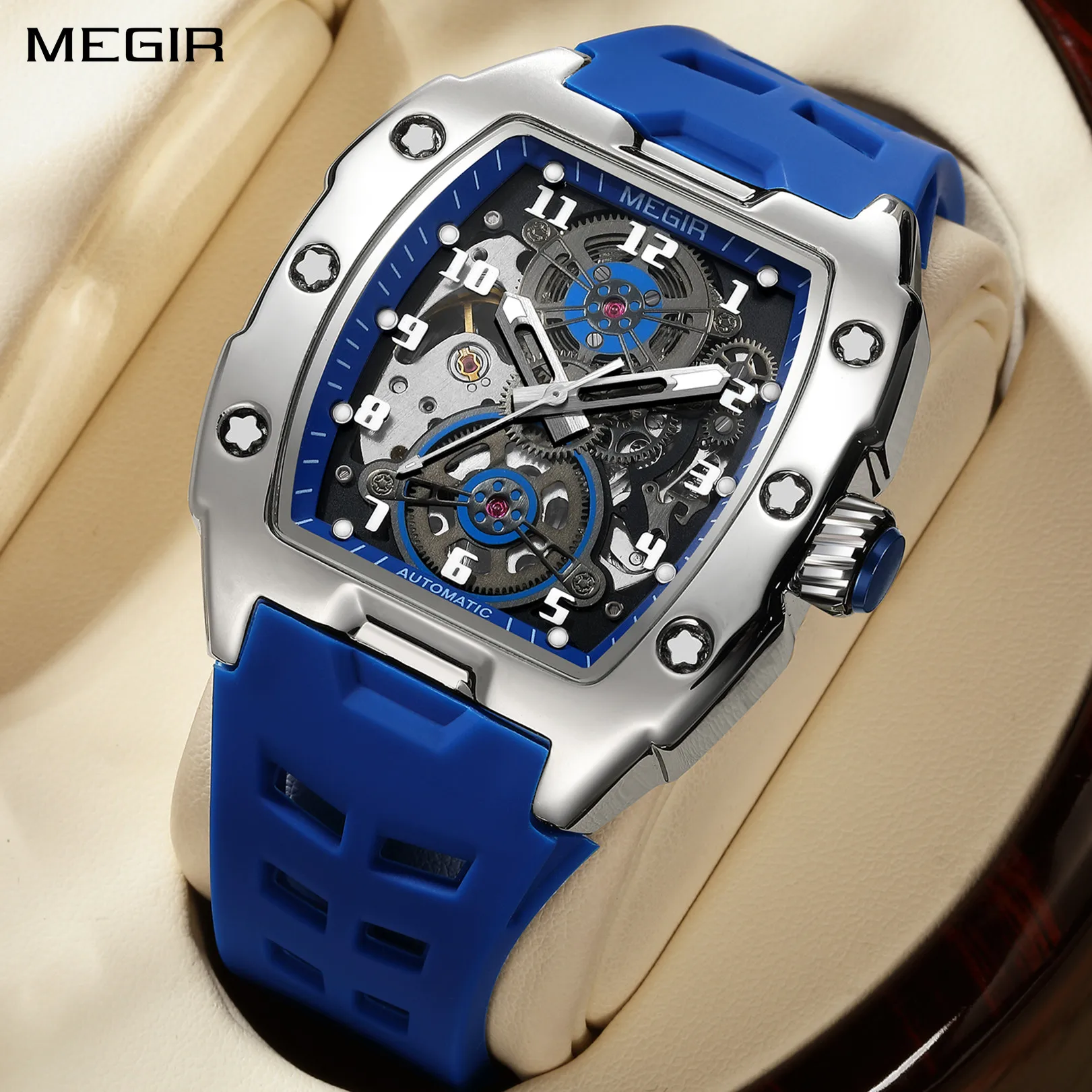 MEGIR New Men Watches Luxury Brand Automatic Mechanical Watch Silicone Sports Casual Wristwatch Waterproof Clock Male Gift 8602