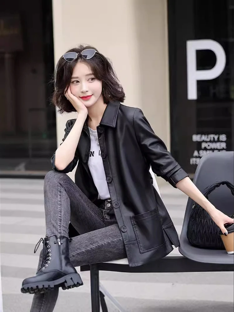 Chaqueta de cuero adelgazante con cuello vuelto para mujer, abrigo de cuero con una botonadura para ir al trabajo, primavera y otoño