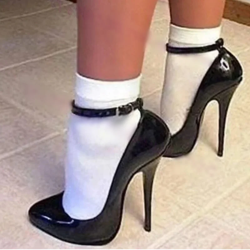 

Fashion Round Toe Ankle Strap Shoes Black Patent Leather Cover Heels PU Leather Women Banquet Formal Footwears