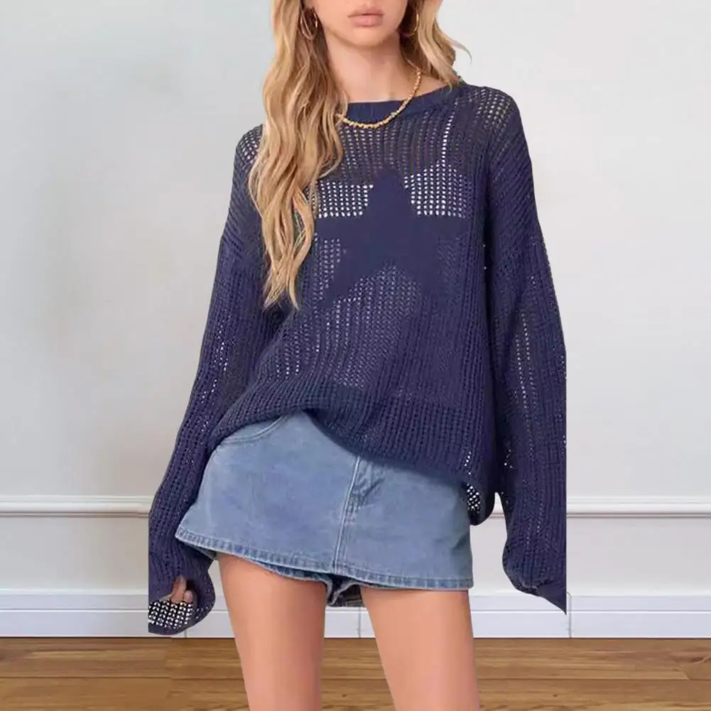 

Soft Knit Blouse Hollow Jacquard Star Design Women's Loose Fit Knitting Tops For A Soft Skin-friendly Polyester Cover Up Hollow