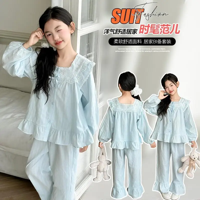 

Лидер продаж, модные хлопковые штаны для сна с бантом для девочек, студенческий осенний повседневный комплект домашней одежды с длинными рукавами, комплект из 2 предметов, детская одежда