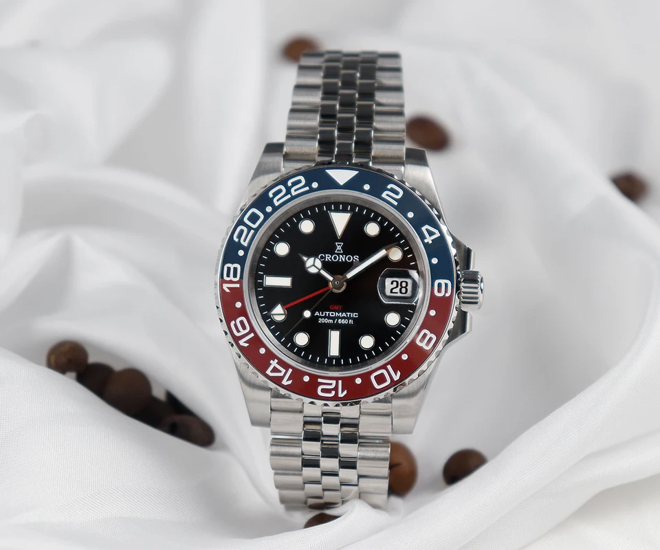 Cronos GMT Automatic Men Watches Bidirectional Bezel Sapphire 20