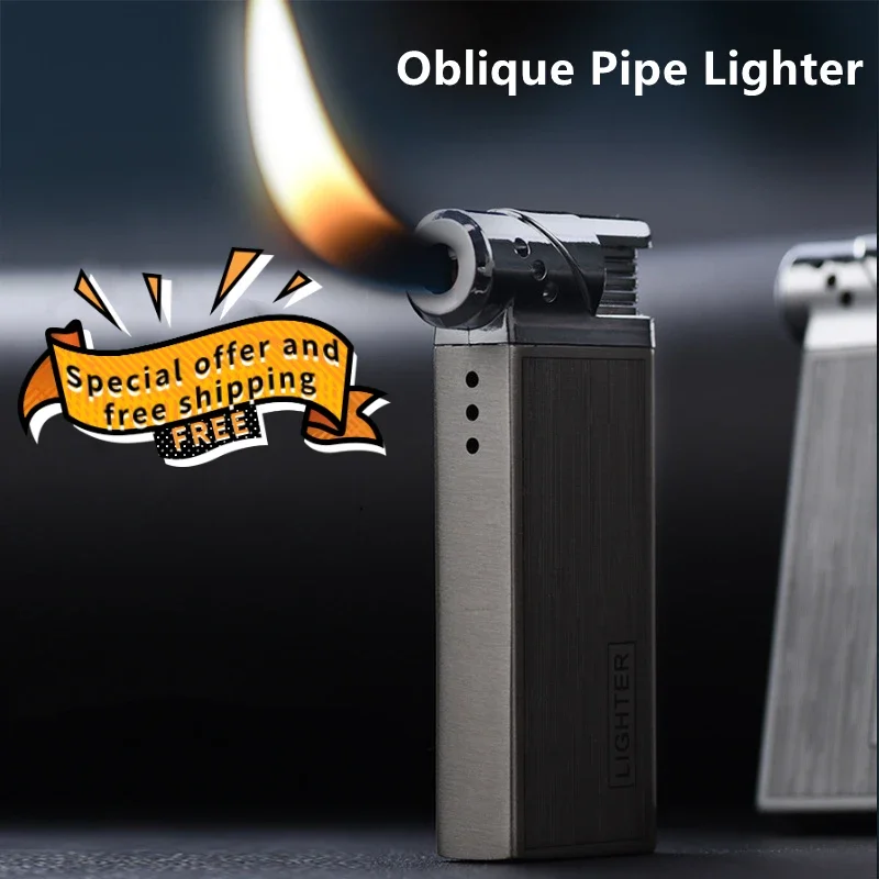 New Oblique Fire Tube Press Lighter for Smoking Pipe Special Lighter Metal Open Flame Multi-function Cigarette Lighter Gadget