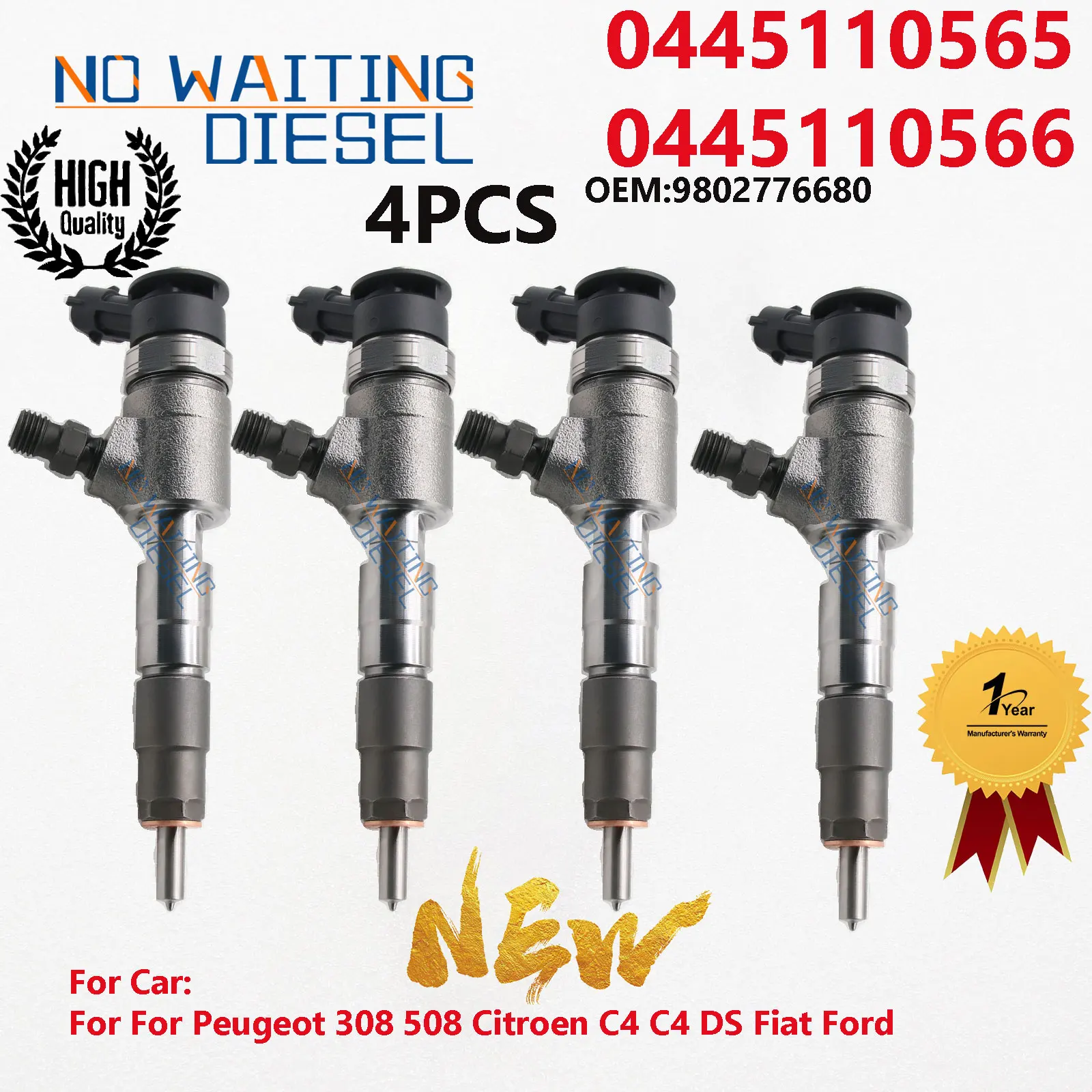 4PCS 0445110566 Fuel Injector Number 9802776680 Common Rail Injector 0445110565 For Peugeot 308 508 Citroen C4 C4 DS Fiat Ford