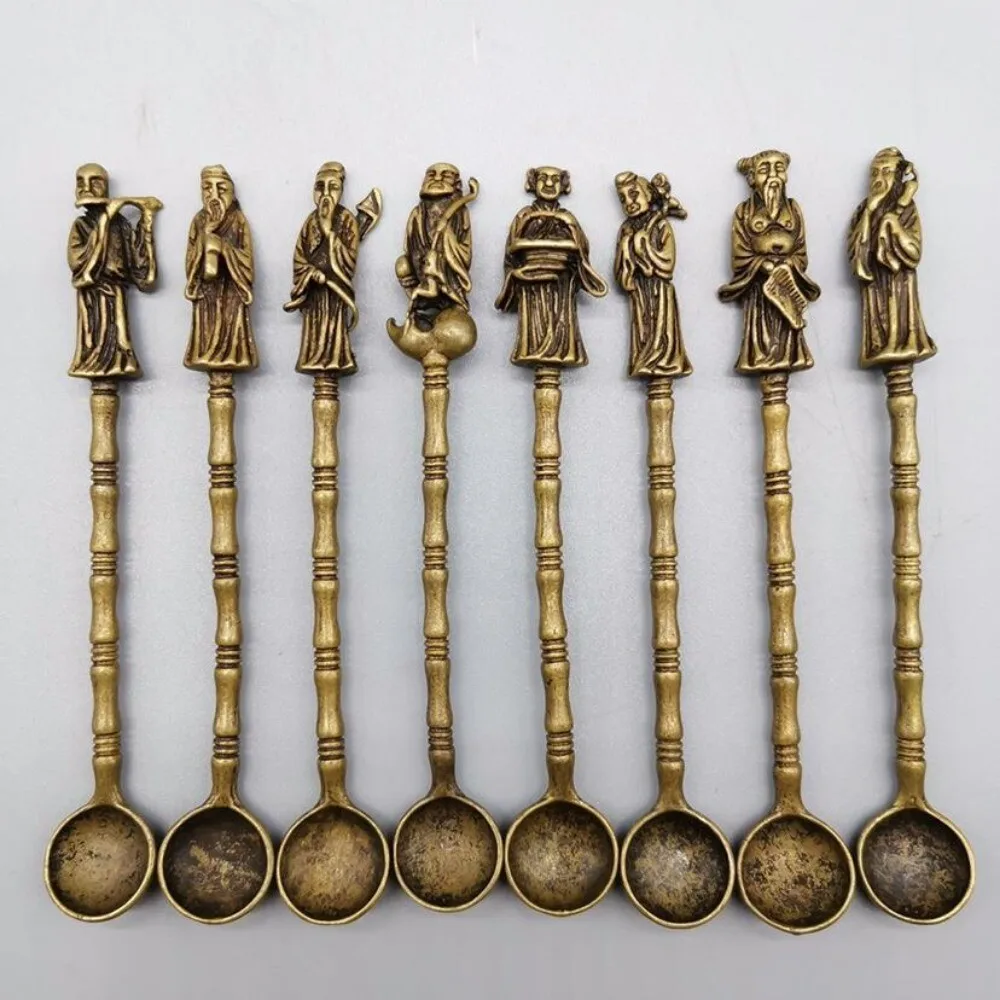 

Набор старых китайских латунных медных статуй ручной работы Eight Immortals с маленькой ложкой