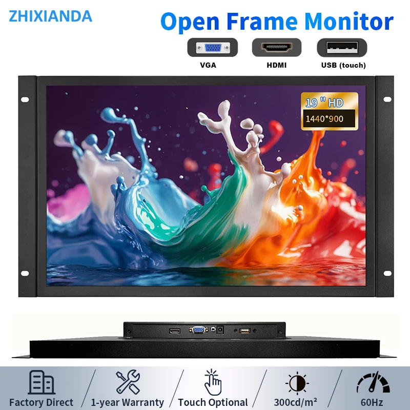 Zhixianda 19 Inch Widescreen 1440*900 Touchscreen Embedded Industrial Resistive/Capacitive Touch Open Frame Monitor LCD Display