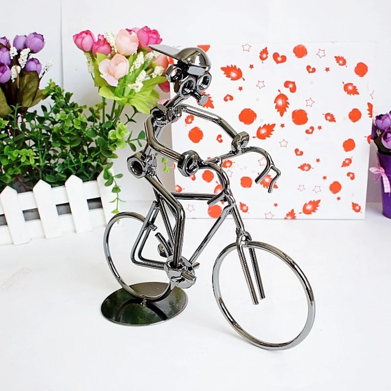 Metal Retro Cyclists Model Iron Art Metal Bicycle Ornament A Man Riding Bike Statue Figurine For Home Library Desk Decoration